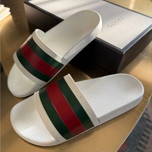 Gucci White Slides with Red and Green Bands